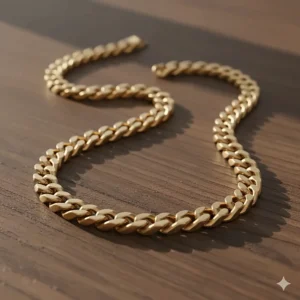 A sleek gold Figaro style necklace displayed on a wooden background, ideal for gifting.