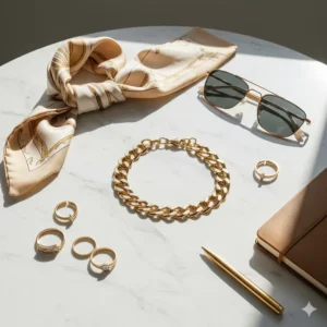Aesthetic flat lay of a chunky gold chain choker, rings, and silk scarf on a white marble surface.