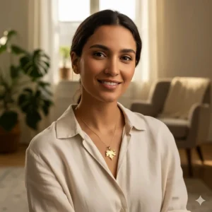 A woman wearing a delicate gold leaf pendant necklace paired with a casual linen blouse.