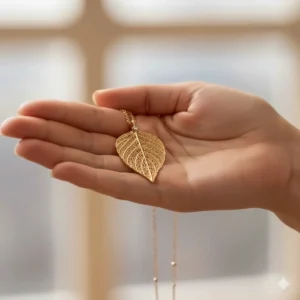 A delicate gold leaf pendant held in a hand to demonstrate its dainty size and scale.