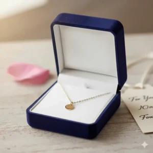 A gold pendant necklace in a premium velvet gift box, perfect for affordable jewelry gifting.