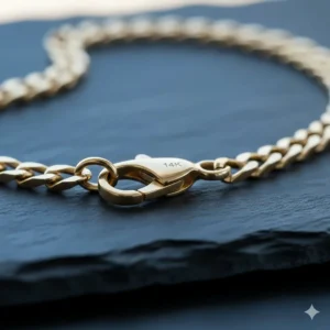 Macro shot of a secure lobster clasp on a high-quality gold necklace gift for men.