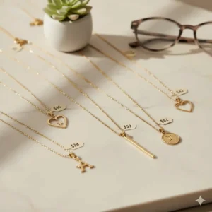 A collection of gold pendant styles including initials, hearts, and coins all priced under 100.
