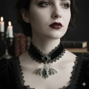 A wide black velvet choker necklace with ornate lace trim in a gothic fashion style.