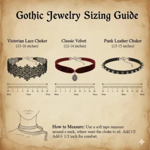 A visual sizing guide for choosing the perfect fit for a gothic choker necklace.