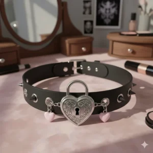 Aesthetic illustration of a pastel goth heart lock choker necklace in black leather.