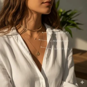 A guide on how to layer an affordable gold chain choker with longer pendant necklaces.