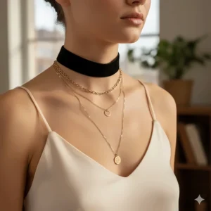 A trendy layered jewelry look featuring a thick black velvet choker and thin gold chains.