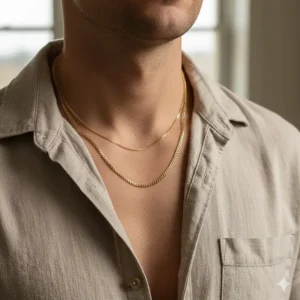 Two different lengths of gold necklaces layered together, showcasing a modern men's jewelry trend.
