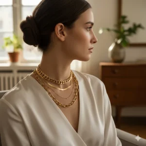 A style guide showing how to layer a chunky gold chain choker with thin gold necklaces.