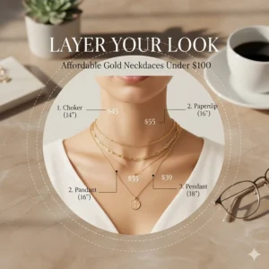 Illustration showing how to layer three different gold necklaces available for under 100 dollars.