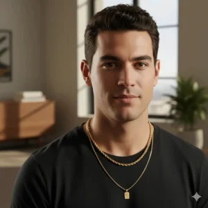 A style guide showing a men's gold cable chain layered with a pendant necklace.