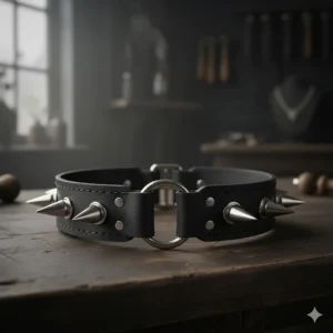 Detailed illustration of a top rated leather choker necklace with silver spikes and a d-ring.