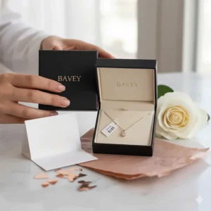 A woman's hands opening a luxury jewelry box to reveal a gold necklace with a $185 price tag, representing affordable luxury.