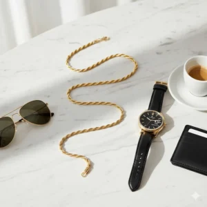 A gold cable chain necklace displayed on a marble surface with a luxury watch.