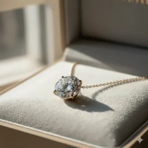 Macro shot of a brilliant round-cut lab-grown diamond alternative pendant in a gold setting, resting inside a premium jewelry gift box.