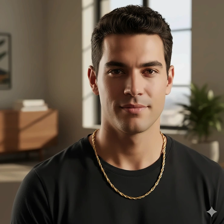 A man wearing a 14k yellow gold cable chain necklace over a black t-shirt. mens cable chain necklace gold