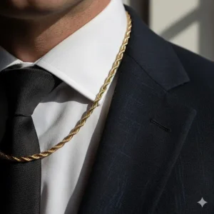 A polished gold cable chain necklace tucked under a crisp white dress shirt and suit.