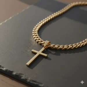 A solid gold necklace featuring a minimalist cross pendant, a popular religious gift for men.
