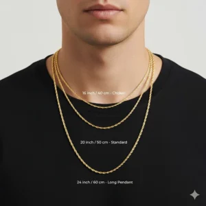 Diagram showing how different lengths of a gold cable chain sit on a man's neck.