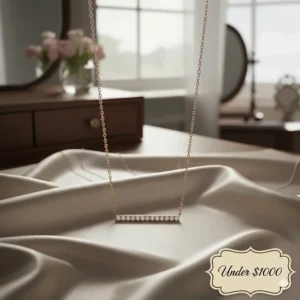 Modern minimalist horizontal diamond bar necklace in rose gold, budget-friendly fine jewelry.