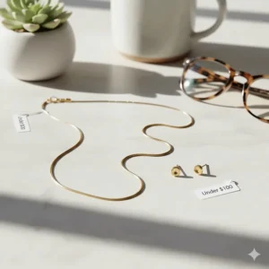 Flatlay of a thin gold snake chain necklace and gold studs as an affordable jewelry set.