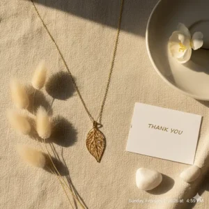 A flat lay featuring a delicate gold leaf pendant necklace alongside dried botanicals.