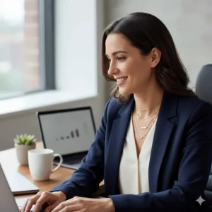 A professional woman in a navy blazer working at her laptop while wearing layered gold necklaces, showcasing luxury office jewelry under $200.