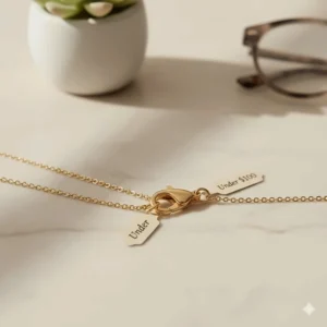Close-up illustration of a sturdy lobster clasp on an affordable gold chain necklace.