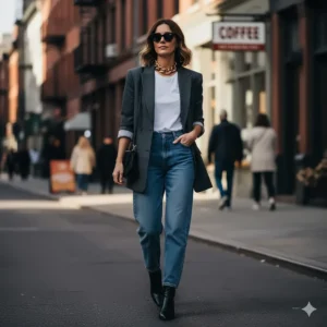 Urban streetwear look featuring an oversized chunky gold chain choker and a blazer.