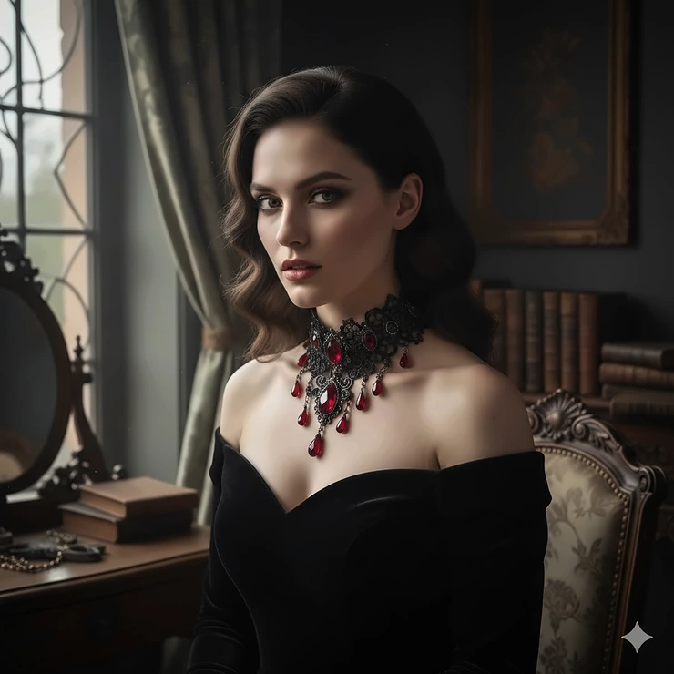 A model wearing a top rated gothic choker necklace featuring intricate black lace and a central ruby pendant.