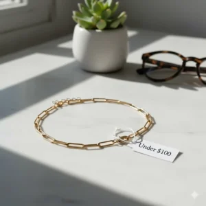Illustration of a trendy 18k gold-plated paperclip chain necklace under 100 dollars.