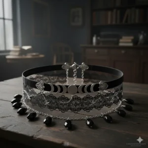Illustration of a triple-layered gothic choker set with moon phases and celestial charms.