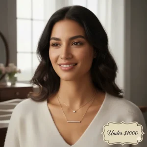 Close-up of a woman wearing a delicate diamond layering necklace priced under 1000.