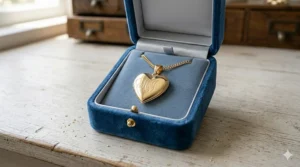 Solid 14k gold heart locket necklace presented in a luxury blue jewelry gift box.
