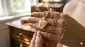 A 14k gold heart locket necklace held in hand to show the scale and pendant size.