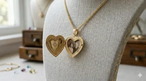 Open 14k gold heart locket necklace showing two small photo slots inside.