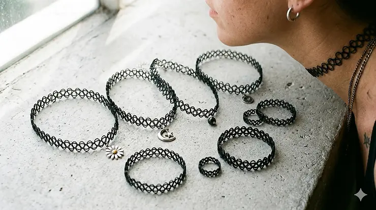 A complete 90s tattoo choker necklace set featuring black elastic henna designs, matching bracelets, and rings displayed on a minimalist background.