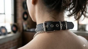 The rear view of a black leather choker showing the adjustable silver buckle closure.