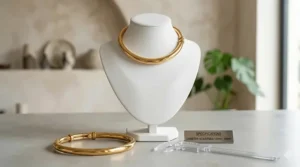 A jewelry bust displaying the fit and diameter of an adjustable metal collar necklace.