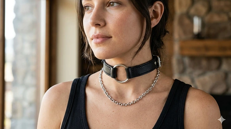 A high-quality close-up of a premium black leather choker with a silver hanging chain, worn by a model. black leather choker with chain