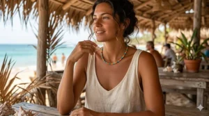 A woman at the beach wearing a boho-style colorful beaded choker necklace with a linen dress.