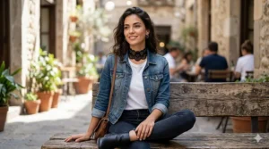 Woman styling a thin black lace choker necklace with a casual denim jacket and white tee.