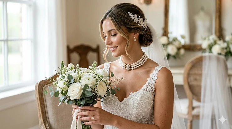 A bride wearing a multi-strand classic pearl choker necklace with a vintage lace wedding dress. pearl choker necklace for wedding