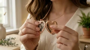 A woman's hands gently opening a rose gold heart locket to reveal a cherished couple's photograph.