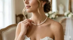Close-up of a dainty single-strand freshwater pearl choker for a minimalist wedding look.