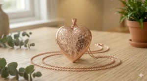 Close-up of the back of a rose gold heart locket featuring custom engraved initials in cursive script.