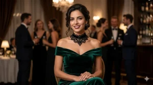 Sophisticated black lace choker necklace paired with an off-the-shoulder evening dress.