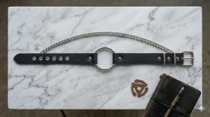 An aesthetic flat lay of a black leather choker with chain on a white marble background.