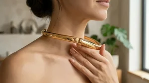 A hand demonstrating the flexibility of a high-quality adjustable metal collar necklace.
